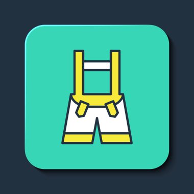 Lederhosen simgesi mavi arkaplanda izole edildi. Geleneksel Bavyera kıyafetleri. Oktoberfest kıyafeti. Pantolon ve pantolon askısı. Patrick günü. Turkuaz kare düğme. Vektör.