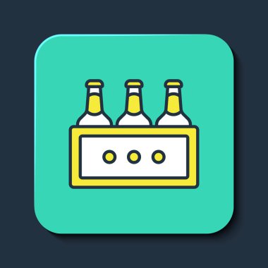 Mavi arka planda izole edilmiş bir sürü bira şişesi simgesi var. Tahta kutu ve bira şişeleri. Kutu bira kutusu tabelası. Turkuaz kare düğme. Vektör.