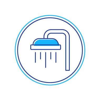 Ana hatlarıyla doldurulmuş duş başlığı beyaz arka planda izole edilmiş su damlalarıyla dolu. Vektör.