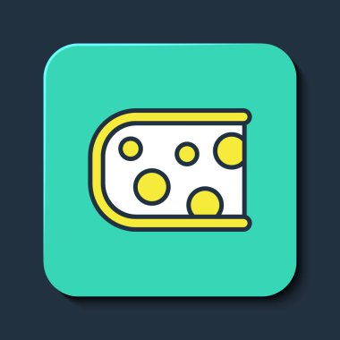 Doldurulmuş çizgili peynir simgesi mavi arkaplanda izole edilmiş. Turkuaz kare düğme. Vektör.