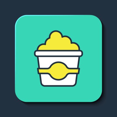 Mavi arka planda izole edilmiş karton kutu simgesiyle çizilmiş patlamış mısır. Patlamış mısır kutusu. Turkuaz kare düğme. Vektör.