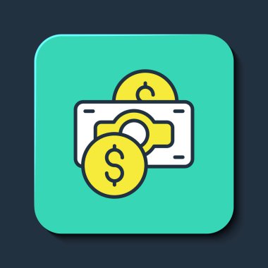 Doldurulmuş kağıt yığınları para para ikonu mavi arka planda izole. Para desteleri. Para birimi. Turkuaz kare düğme. Vektör.