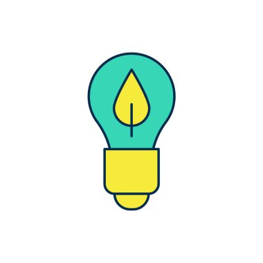 Beyaz arkaplanda izole edilmiş yaprak simgesi ile ana hatlı ampul. Çevre enerjisi kavramı. Alternatif enerji kavramı. Vektör.
