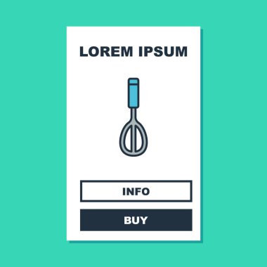 Doldurulmuş ana hatlı mutfak çırpma simgesi turkuaz arka planda izole edildi. Mutfak aletleri, yumurta çırpıcı. Çatal bıçak seti. Yemek karışımı sembolü. Vektör.