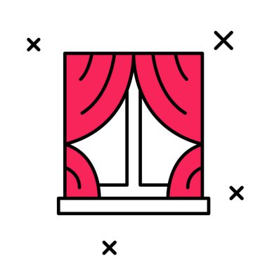 Pencereyi beyaz arkaplanda izole edilmiş oda simgesindeki perdelerle doldurdum. Vektör.