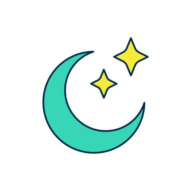 Doldurulmuş Ay ve yıldız simgesi beyaz arkaplanda izole edildi. Bulutlu gece işareti. Uyku rüyalarının sembolü. Dolunay. Gece ya da yatak zamanı tabelası. Vektör.