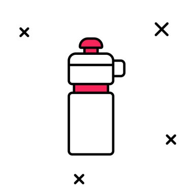 Beyaz arkaplanda izole edilmiş ana hatlı fitness karıştırıcı simgesi. Su ve protein kokteylleri için kapaklı spor karıştırıcı şişesi. Vektör.