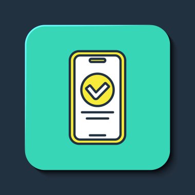 Çevrimiçi test, inceleme ya da kontrol listesi simgesi mavi arkaplanda izole edildi. Sınav listesi. E-eğitim konsepti. Turkuaz kare düğme. Vektör.