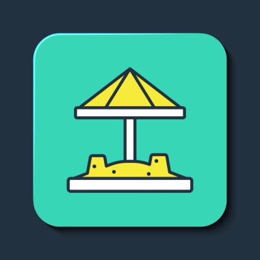 Mavi arka planda izole edilmiş kum ve şemsiye ikonu olan çocuklar için ana hatlı kum havuzu. Turkuaz kare düğme. Vektör.