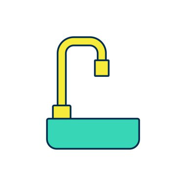 Beyaz arka planda izole edilmiş ana hatlı lavabo su musluğu ikonu ile dolu. Vektör.