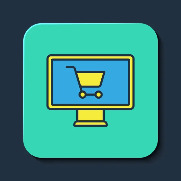 Filled Outline Shopping Cart Monitor Icon Isolated Blue Background Concept — стоковый вектор