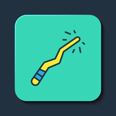 Doldurulmuş sihirli değnek simgesi mavi arkaplanda izole edildi. Yıldız şeklinde sihirli aksesuar. Sihirli güç. Mutlu Cadılar Bayramı Partisi. Turkuaz kare düğme. Vektör.