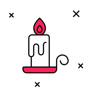 Beyaz arkaplanda izole edilmiş şamdan ikonunda yanan mum. Silindirik mum çubuğu ve yanan ateş. Vektör.