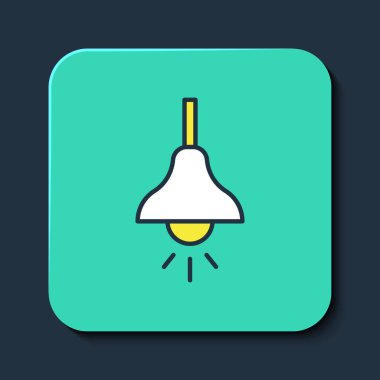 Doldurulmuş lamba asma simgesi mavi arkaplanda izole edilmiş. Tavan lambası ampulü. Turkuaz kare düğme. Vektör.