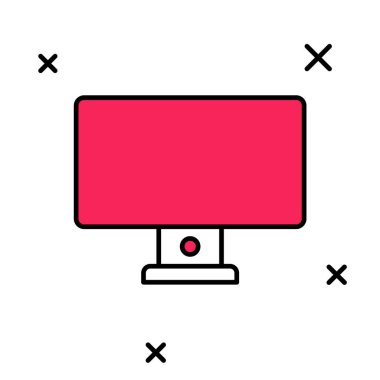 Doldurulmuş ana hatlı bilgisayar monitörü simgesi beyaz arkaplanda izole edildi. Bilgisayar bileşeni işareti. Vektör.