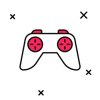 Beyaz arkaplanda izole edilmiş oyun konsolu simgesi için doldurulmuş oyun ana hatları denetleyici veya joystick. Vektör.