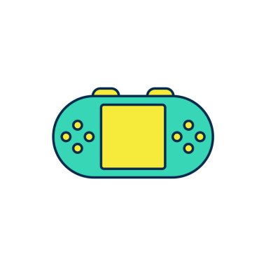 Doldurulmuş taşınabilir oyun konsolu simgesi beyaz arkaplanda izole edildi. El bilgisayarı oyun konsolu. Vektör.