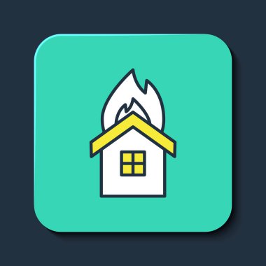 Yanan ev simgesinde ana hatlarıyla Ateş mavi arka planda izole edildi. Sigorta konsepti. Güvenlik, güvenlik, koruma, konsept koruma. Turkuaz kare düğme. Vektör.