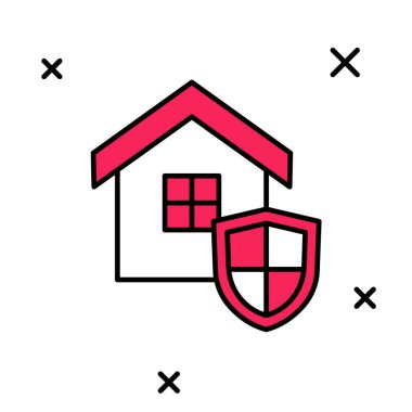 Beyaz arka planda izole edilmiş, ana hatları kalkan simgesiyle dolu bir ev. Sigorta konsepti. Güvenlik, güvenlik, koruma, konsept koruma. Vektör.
