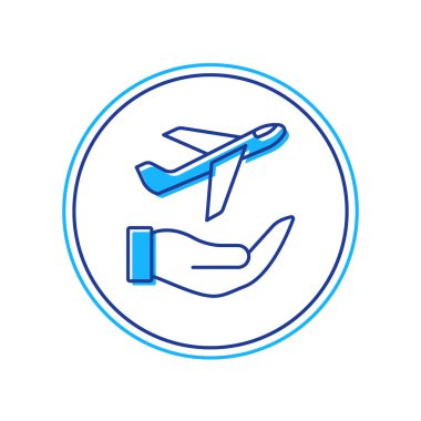 Doldurulmuş düzlem el simgesi beyaz arkaplanda izole edildi. Uçan uçak. Uçak sigortası. Güvenlik, güvenlik, koruma, konsept koruma. Vektör.