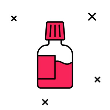 Ağız gargarası dolu plastik şişe simgesi beyaz arka planda izole edilmiş. Ağzını çalkalamak için sıvı. Ağız bakım ekipmanları. Vektör.