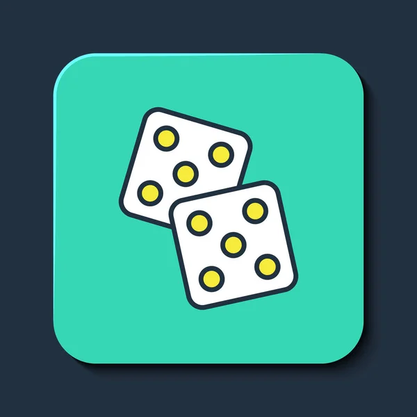 フルアウトライン青い背景に隔離されたゲームダイスアイコン カジノのギャンブル ターコイズ正方形のボタン ベクトル — ストックベクタ