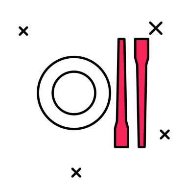 Ana hatlarıyla doldurulmuş yemek çubukları ve beyaz arka planda izole edilmiş tabak ikonu. Asya yemekleri için tahta Kore çubukları. Doğulu aletler. Vektör.
