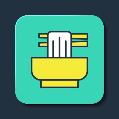 Mavi arka planda izole edilmiş ana hatlı Asya erişteleri ve yemek çubukları ikonu. Sokak yemeği. Kore, Japon, Çin yemekleri. Turkuaz kare düğme. Vektör.