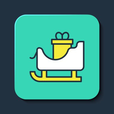 Mavi arka planda izole edilmiş çuval torba ikonuyla Noel Baba kızağı çizilmiş. Mutlu Noeller ve mutlu yıllar. Turkuaz kare düğme. Vektör.