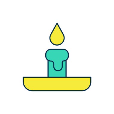 Beyaz arkaplanda izole edilmiş şamdan ikonunda yanan mum. Silindirik mum çubuğu ve yanan ateş. Vektör.