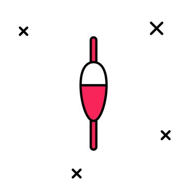 Doldurulmuş ana hatlı Balıkçılık şamandırası simgesi beyaz arkaplanda izole edildi. Balık oltası. Vektör.