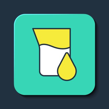 Doldurulmuş petrol test tüpü ikonu mavi arka planda izole edildi. Komiklik şişesi ve düşen damla. Turkuaz kare düğme. Vektör.