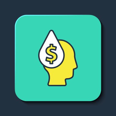 Mavi arka planda izole edilmiş dolar sembolü simgesiyle kaplanmış yağ damlası. Petrol fiyatı. Petrol ve petrol endüstrisi. Turkuaz kare düğme. Vektör.