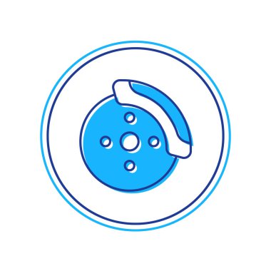 Beyaz arkaplanda izole edilmiş Caliper simgesiyle dolu ana hatlı araba fren diski. Vektör.