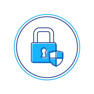 Beyaz arka planda izole edilmiş kilit simgesiyle ana hatlı kalkan güvenliği dolduruldu. Koruma, güvenlik, şifre güvenliği. Güvenlik duvarı gizlilik levhası. Vektör.