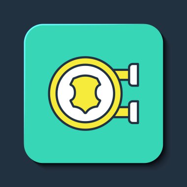 Mavi arkaplanda izole edilmiş ana hatlı deri simgesi. Turkuaz kare düğme. Vektör.