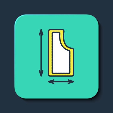 Doldurulmuş ana hatlı dikiş şablonu simgesi mavi arkaplanda izole edildi. Dikiş için işaretler. Turkuaz kare düğme. Vektör.