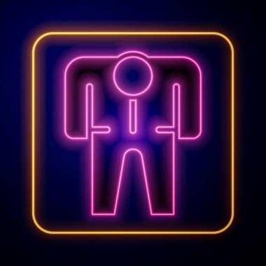 Parlayan neon arıcı kostüm ikonu siyah arkaplanda izole edildi. Özel koruyucu üniforma. Vektör