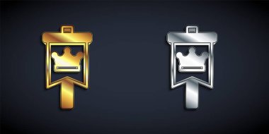 Gold and silver Medieval flag icon isolated on black background. Country, state, or territory ruled by a king or queen. Long shadow style. Vector