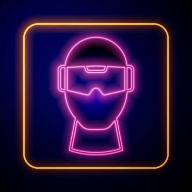 Parlayan neon gözlük simgesi siyah arkaplanda izole edildi. Stereoskopik 3D VR maskesi. Optik baş monte edildi. Vektör