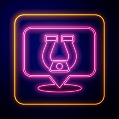 Parlayan neon renkli at nalı simgesi siyah arkaplanda izole edildi. Vektör