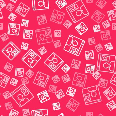 Beyaz çizgi görüntülü sohbet konferans simgesi kırmızı arkaplanda izole edilmiş kusursuz desen. Çevrimiçi iş görüşmesi formu. Uzak proje yönetimi. Vektör.