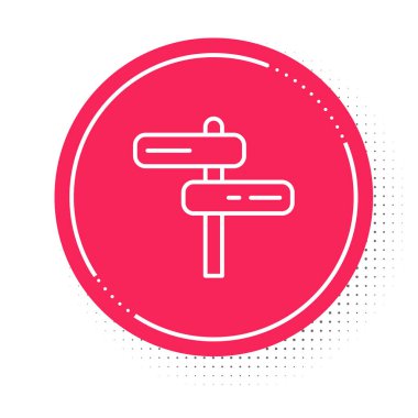 Beyaz çizgi trafik levhası. Beyaz arkaplanda sinyal simgesi izole edildi. İşaretçi sembolü. İzole sokak bilgi levhası. Yön tabelası. Kırmızı daire düğmesi. Vektör.