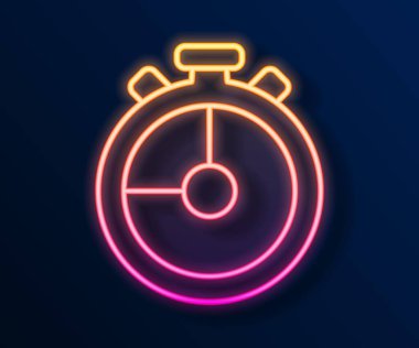 Parlayan neon hattı Stopwatch simgesi siyah arkaplanda izole edildi. Zaman göstergesi. Kronometre işareti. Vektör.