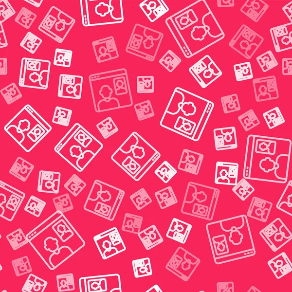 Beyaz çizgi görüntülü sohbet konferans simgesi kırmızı arkaplanda izole edilmiş kusursuz desen. Çevrimiçi iş görüşmesi formu. Uzak proje yönetimi. Vektör.