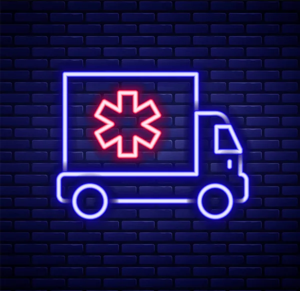 Parlayan neon hattı ambulansı ve acil durum arabası simgesi tuğla duvar arkasında izole edildi. Ambulans aracı tıbbi tahliye. Renkli taslak konsepti. Vektör