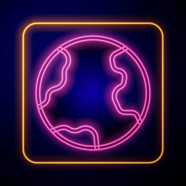 Siyah zemin üzerinde parlayan neon dünya ikonu izole edildi. Dünya ya da Dünya işareti. Küresel internet sembolü. Geometrik şekiller. Vektör