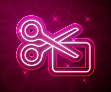 Glowing neon line Scissors cuts discount coupon icon isolated on red background. The concept of selling in an online supermarket at low prices or half the cost. Vector