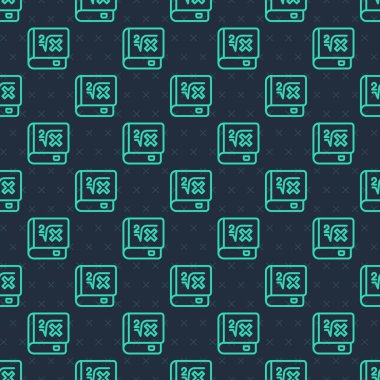 Green line Book with word mathematics icon isolated seamless pattern on blue background. Math book. Education concept about back to school. Vector