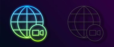 Parlayan neon hattı görüntülü sohbet konferansı simgesi siyah arkaplanda izole edildi. Çevrimiçi iş görüşmesi formu. Uzak proje yönetimi. Vektör